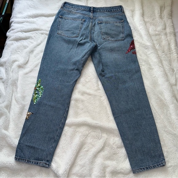 Topshop Flamingo Sequin Moto Mom Jeans Size 30 High Waisted Denim Fun Palm Tree - Picture 7 of 13